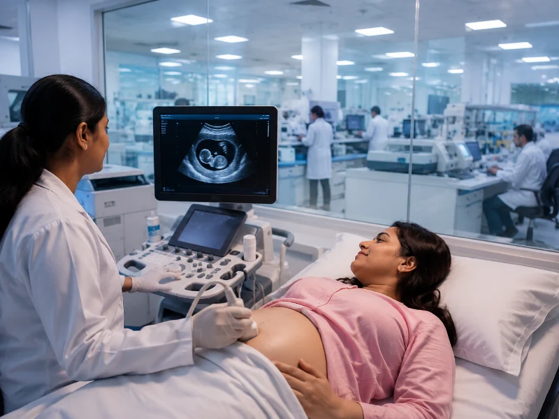 Advanced high-resolution early pregnancy ultrasound machine performing a precision viability scan to confirm embryo heartbeat and calculate exact gestational dating
